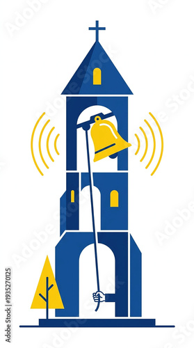 A blue bell tower with a yellow bell being rung is depicted with sound waves emanating outwards, beside a stylized yellow tree.