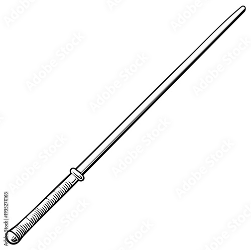Black and white linear illustration of a classic pointing stick or magic wand icon