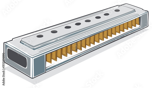 Classic Harmonica Musical Instrument Vector Illustration with Silver Casing and Mouthpiece