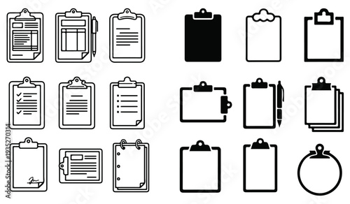 Clipboard icon set. Checklist on the clipboard line icon with check marks, checklist, document, gear, pencil. Clipboard outline icons. Checklist symbol. Editable stroke. Isolated. Vector illustration