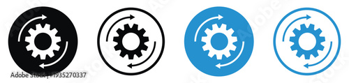 Gear with circular sync arrows icon. Represents automated processes, data synchronization, system recovery, and continuous workflow. Minimalist vector design in black and blue.