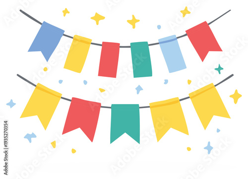 Colorful party bunting flags with star confetti illustration, festive decoration