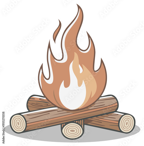 Cartoon campfire illustration, fire burning with logs, camping element graphic.