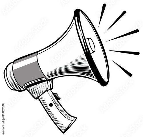 Detailed drawing of a megaphone with sound waves emanating from it, symbolizing communication, announcements and important messages for stock