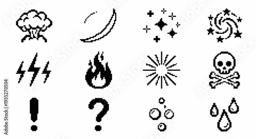 Set of 12 monochrome retro game combat effects. 8-bit pixel art particles collection. Vector illustration for game UI, action feedback, and classic animation concepts.