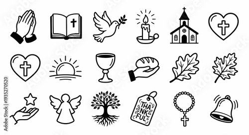 Set of 16 monochrome cartoon icons for faith and Thanksgiving reflections. Spiritual and religious collection. Vector illustration for prayer, gratitude, and community concepts. Black and white.