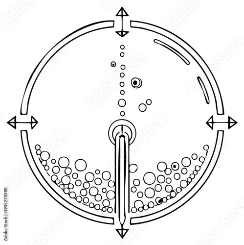 Abstract circular diagram showing small spheres central rod and external directional arrows