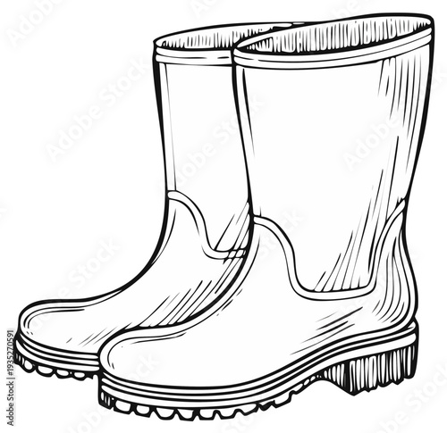 Hand Drawn Rubber Boots Sketch Illustration Pair of Rain Boots Rainy Season Footwear