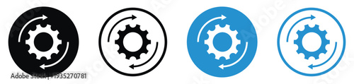 Gear with circular sync arrows icon. Represents automated processes, data synchronization, system recovery, and continuous workflow. Minimalist vector design in black and blue.