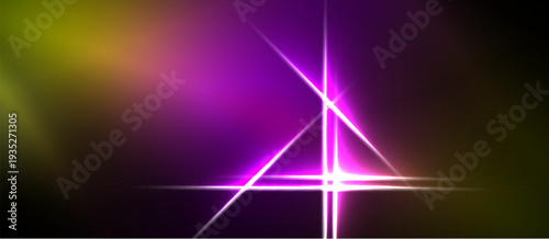 Bright purple light streaks form triangle. Background blends yellow, magenta, black. Abstract digital art composition.