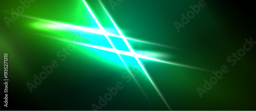 Bright green streaks cross dark background. Abstract light flares create dynamic visual effect. Energy radiates from central point.