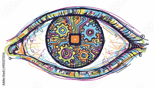 Mechanical eye iris close up with complex gears and neural circuits for artificial vision and cybersecurity biometric authentication
