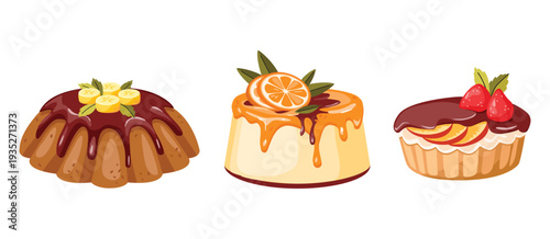 Dessert set with banana chocolate cake, orange cheesecake and strawberry peach pie. Sweet food with fruits and berry isolated on white background. 