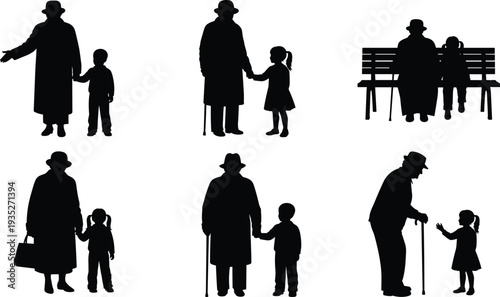 Black silhouette set of grandmother and grandfather with grandchildren isolated on white background, elderly people with kids walking and sitting