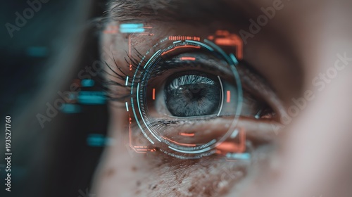 eye with blue augmented reality interface overlay scanning environment, biometric recognition concept