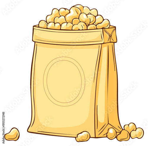 Cartoon Illustration of Popcorn Filled in a Brown Paper Bag Ready to be Enjoyed