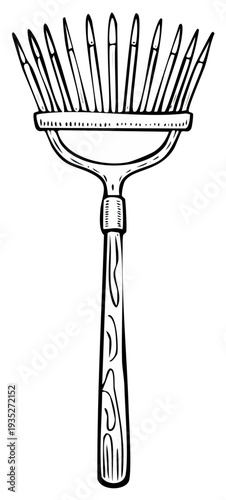 Illustrated Garden Rake with Wooden Handle and Tines