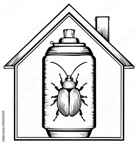 Pest control spray can with beetle inside house outline, insect repellent concept.