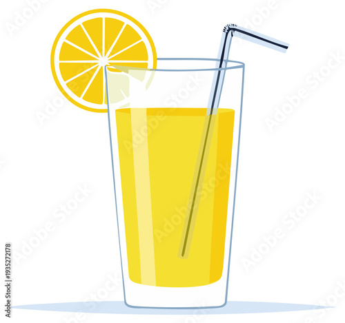 Tall glass of yellow lemonade with straw and lemon slice garnish