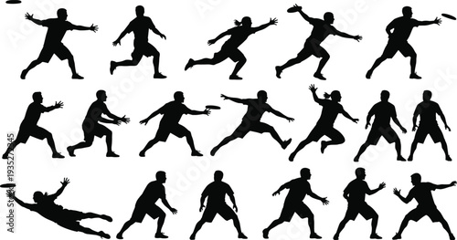Black silhouettes set of ultimate frisbee players jumping throwing and catching discs isolated on white background, active sports players collection