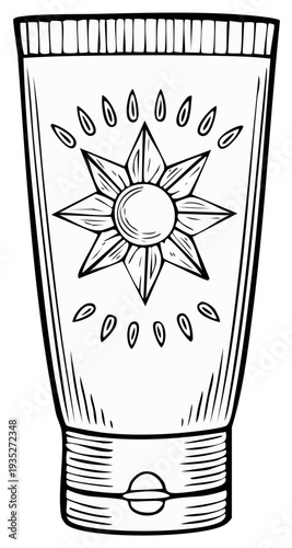 Sunscreen tube illustration with decorative sun design, line art