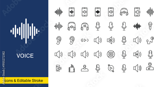 Voice recognition and audio technology icons set, cad drawing flat vector illustration, sound waves, microphone, headphones, and digital volume control symbols.