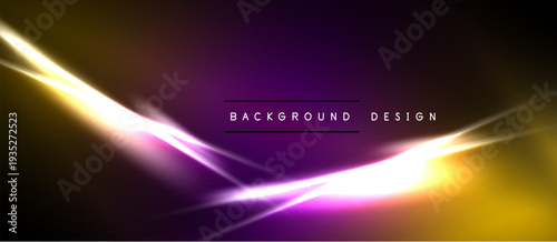 Abstract background features vibrant purple, gold light streaks. Smooth gradients create dynamic visual effect. Dark space dominates composition.