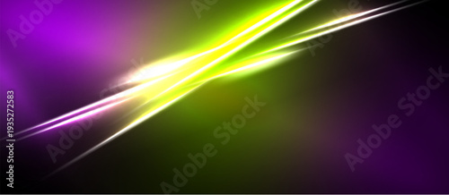 Abstract energy lines intersect. Vivid purple, green, yellow hues create dynamic visual effect. Dark background emphasizes bright streaks.