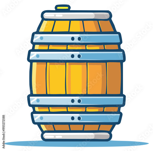 Cartoon illustration of a wooden barrel with metal hoops for beverages and storage.