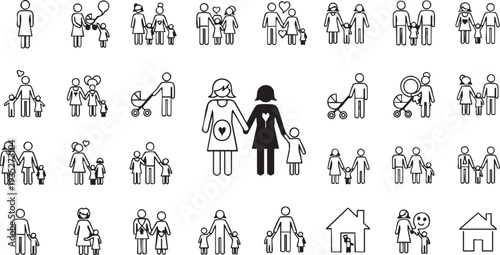 Collection of black and white stick figures representing various family relationships and structures