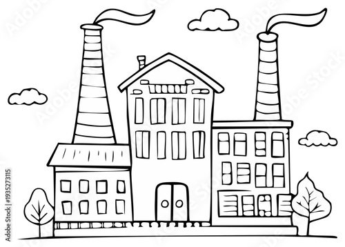 Factory building with tall chimney stacks belching smoke illustration with outline coloring page