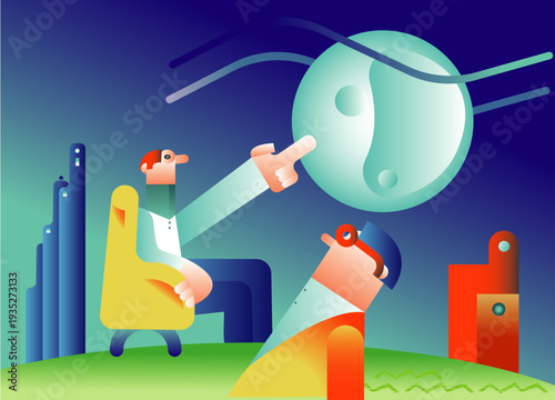 When the wise man points to the moon, the fool looks at the finger, vector illustration, Focus on the Goal concept