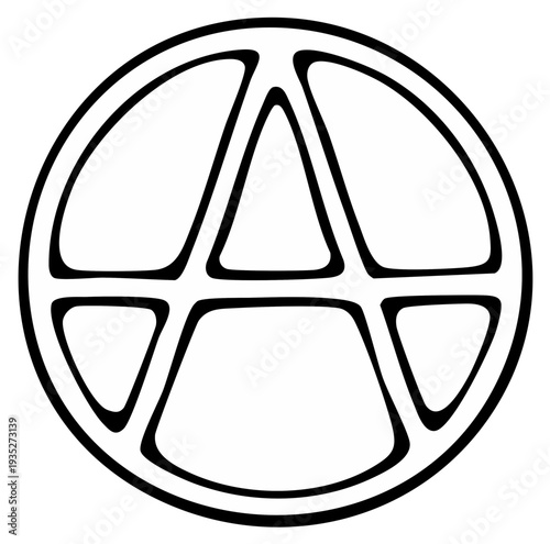 Bold black and white illustration of anarchy symbol against a plain background
