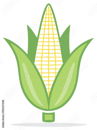 Fresh yellow corn cob with green husks detailed cartoon style vector illustration