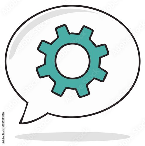 Vector graphic featuring a speech bubble containing a stylized teal gear symbolizing communication about settings or adjustments