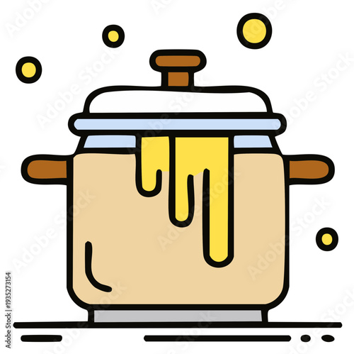 Cartoon pot overflowing with yellow liquid and bubbles floating around