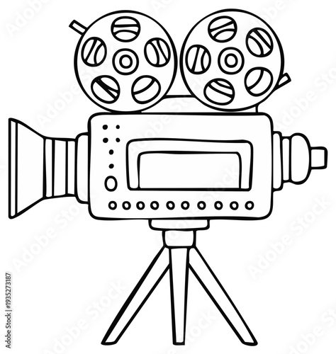 Vintage film camera on tripod hand drawn vector illustration classic cinema equipment