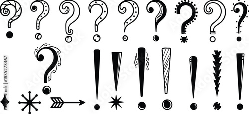 Decorative Question Mark and Exclamation Point Silhouette Set Isolated on White Background, Hand Drawn Punctuation Vector Collection