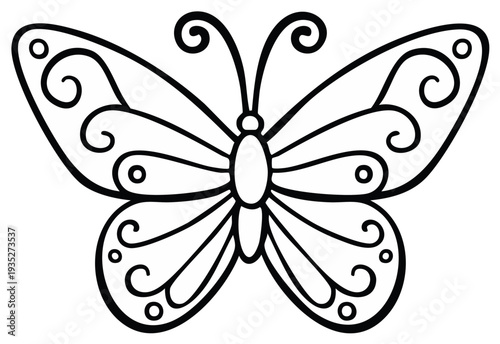 Black and white butterfly illustration with ornate decorative patterns, simple design, for coloring.