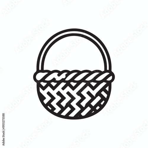 An empty brown wicker picnic basket vector icon with a woven wooden handle isolated as a handmade straw shopping container for food or Easter decoration
