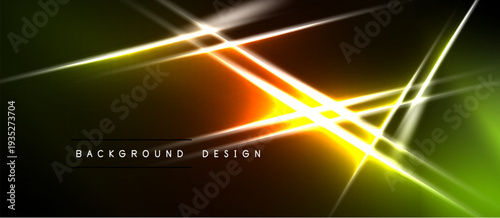 Abstract neon lines intersect, creating vibrant glow. Dark background emphasizes bright yellow, orange, green hues. Modern design element.