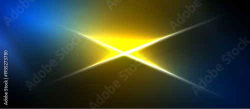 Bright starburst effect. Blue, yellow hues blend into darkness. Dramatic lighting creates intense visual impact. Simple, abstract composition.