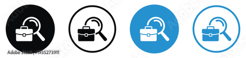 Briefcase icon behind a magnifying glass. Represents job search, professional recruitment, business auditing, or career analysis. Professional vector set.