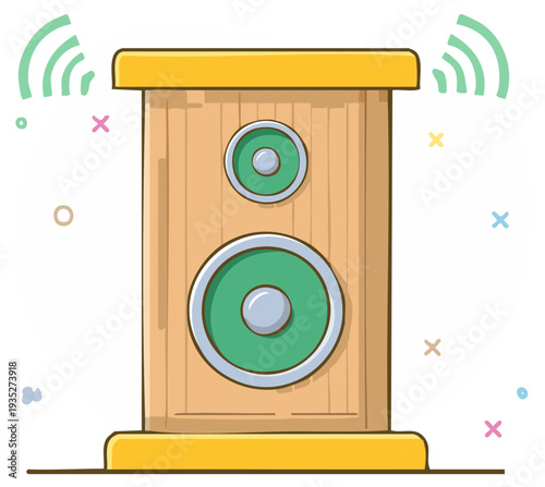 Cartoon Wooden Speaker with Sound Waves Radiating from it Music and Technology