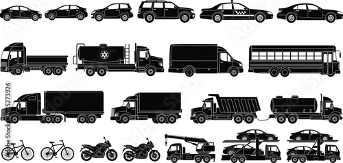 Large collection of transportation vehicle black silhouettes including cars, trucks, buses, motorcycles, bicycles, delivery vans, and heavy construction equipment set