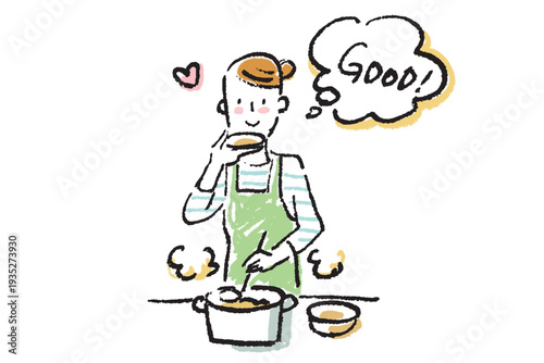 台所で料理しながら味見をする若い女性　シンプルなクレヨンタッチのイラスト