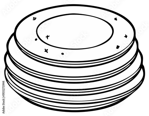 Stack of clean ceramic plates with decorative rim and scattered dots in a simple line art illustration style