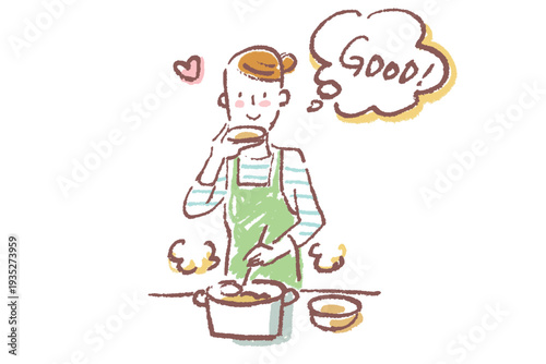 台所で料理しながら味見をする若い女性　シンプルなクレヨンタッチのイラスト