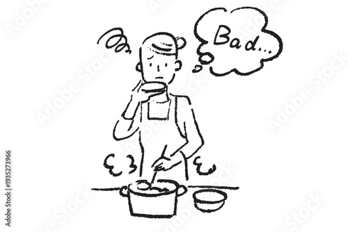 台所で料理しながら味見をする若い女性　シンプルなクレヨンタッチの白黒イラスト