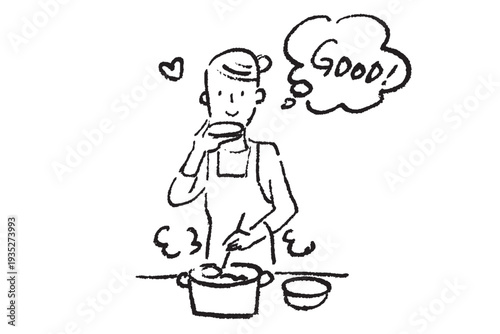 台所で料理しながら味見をする若い女性　シンプルなクレヨンタッチの白黒イラスト